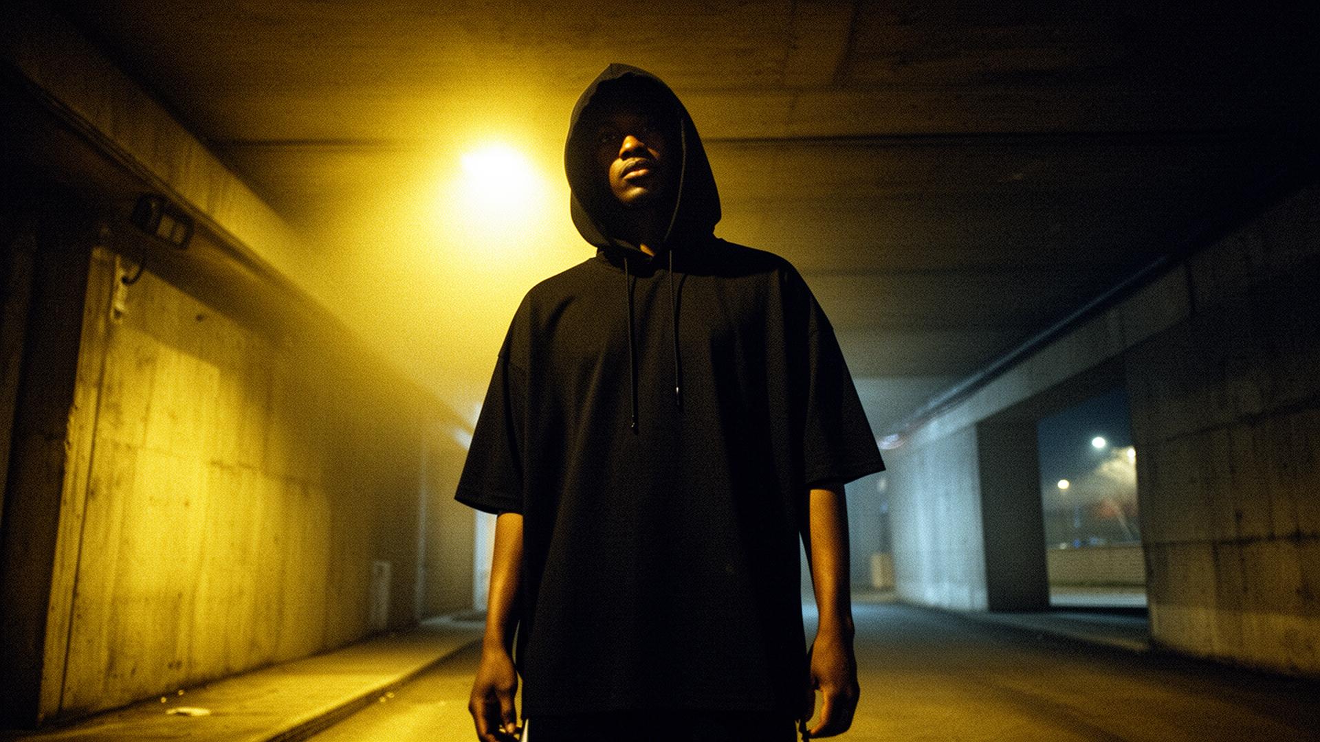 Raretee oversized streetwear figure under neon yellow street light